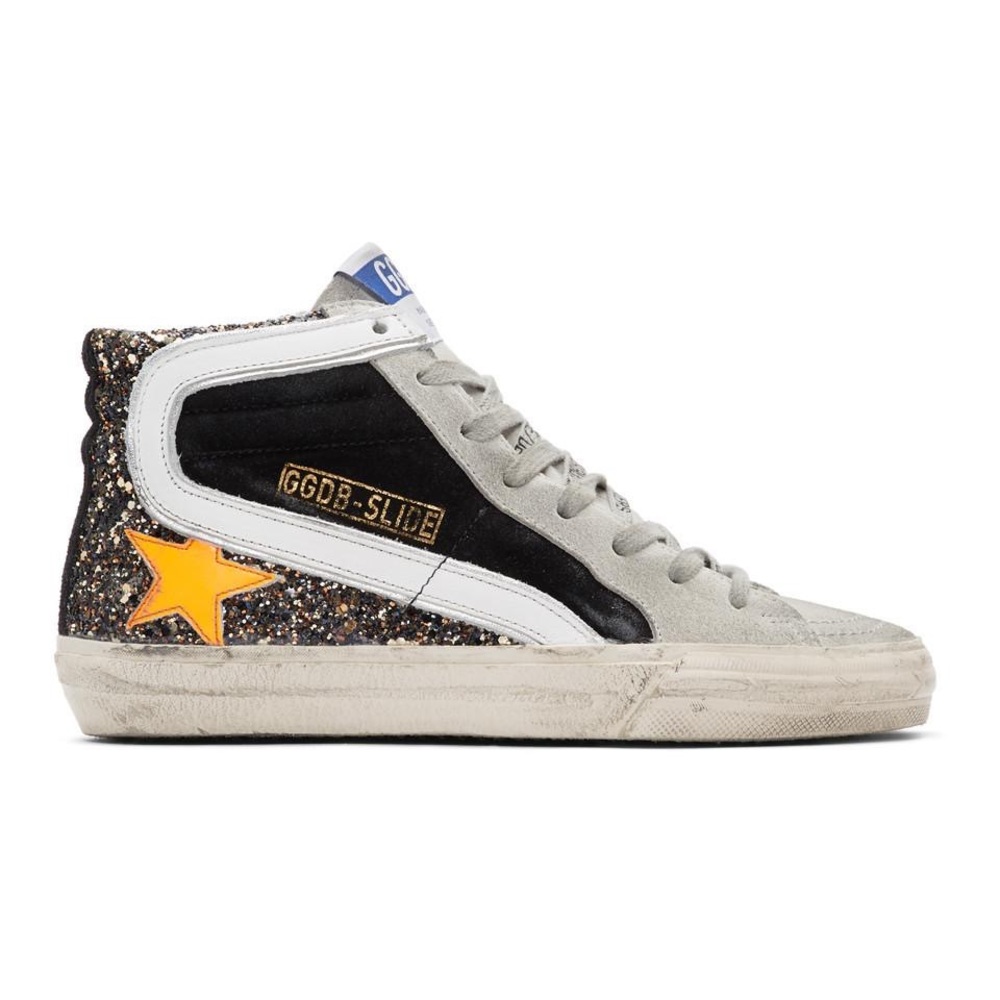 Golden Goose Suede Black and Orange Glitter Slide High Top Sneakers